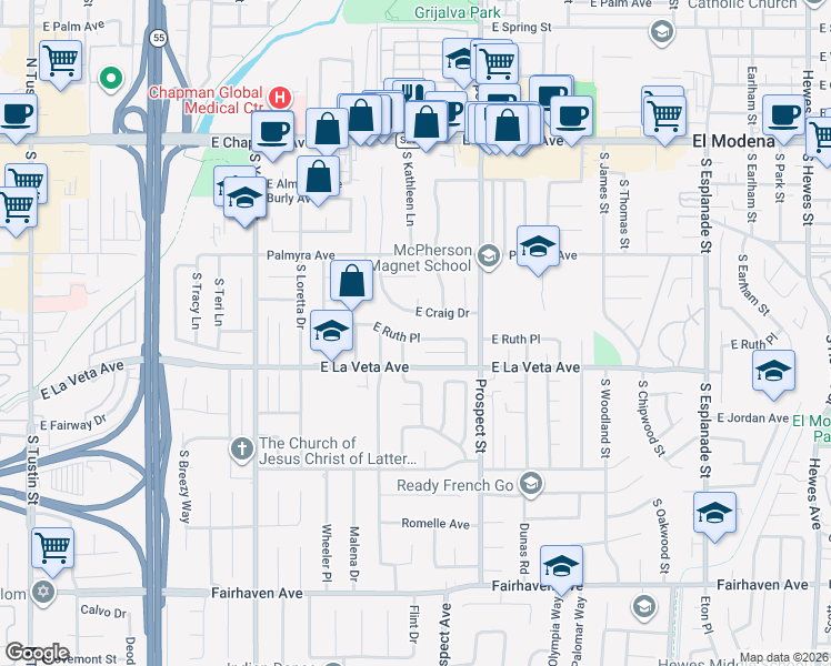 map of restaurants, bars, coffee shops, grocery stores, and more near 3105 East Ruth Place in Orange