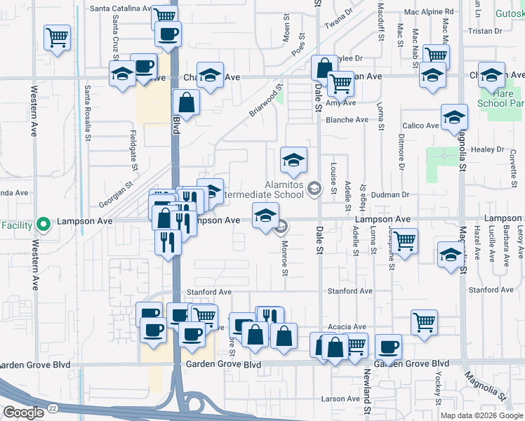 map of restaurants, bars, coffee shops, grocery stores, and more near 8331 Lampson Avenue in Garden Grove