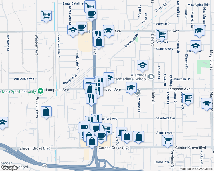 map of restaurants, bars, coffee shops, grocery stores, and more near 8067 Lampson Avenue in Garden Grove