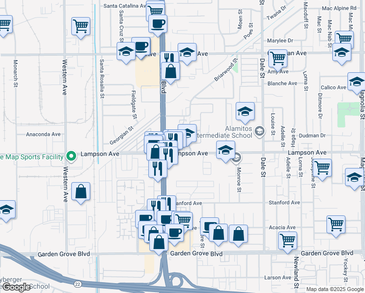 map of restaurants, bars, coffee shops, grocery stores, and more near 8067 Lampson Avenue in Garden Grove