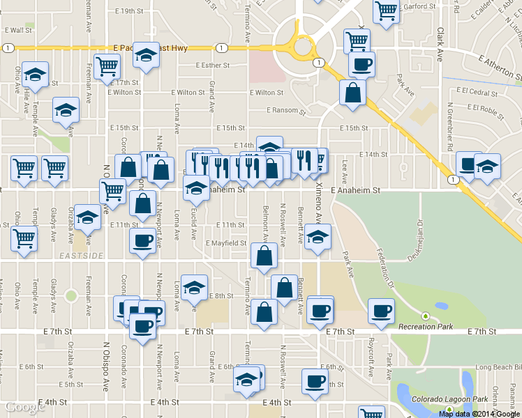 map of restaurants, bars, coffee shops, grocery stores, and more near 1142 Belmont Avenue in Long Beach