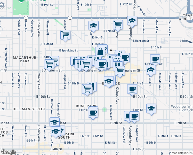 map of restaurants, bars, coffee shops, grocery stores, and more near 1137 Gladys Avenue in Long Beach
