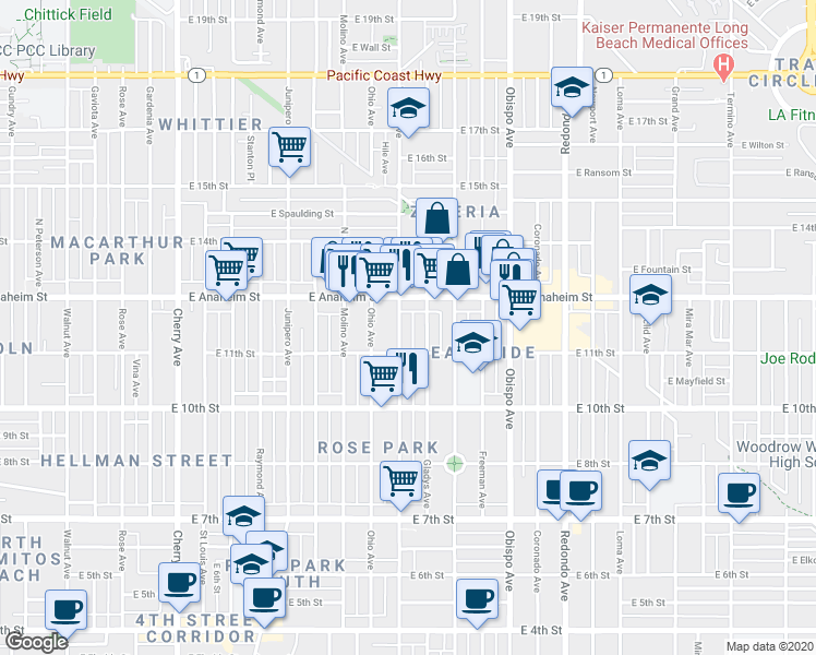 map of restaurants, bars, coffee shops, grocery stores, and more near 1137 Gladys Avenue in Long Beach
