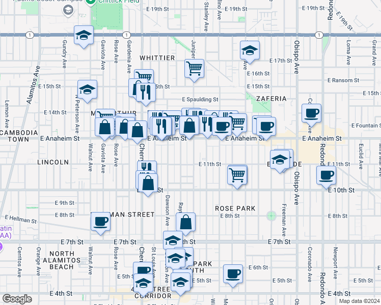 map of restaurants, bars, coffee shops, grocery stores, and more near 1130 Raymond Avenue in Long Beach