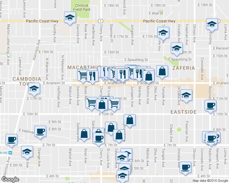 map of restaurants, bars, coffee shops, grocery stores, and more near 1130 Dawson Avenue in Long Beach