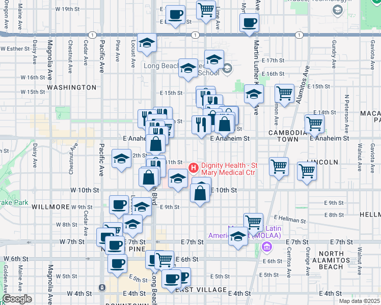map of restaurants, bars, coffee shops, grocery stores, and more near 1124 Linden Avenue in Long Beach