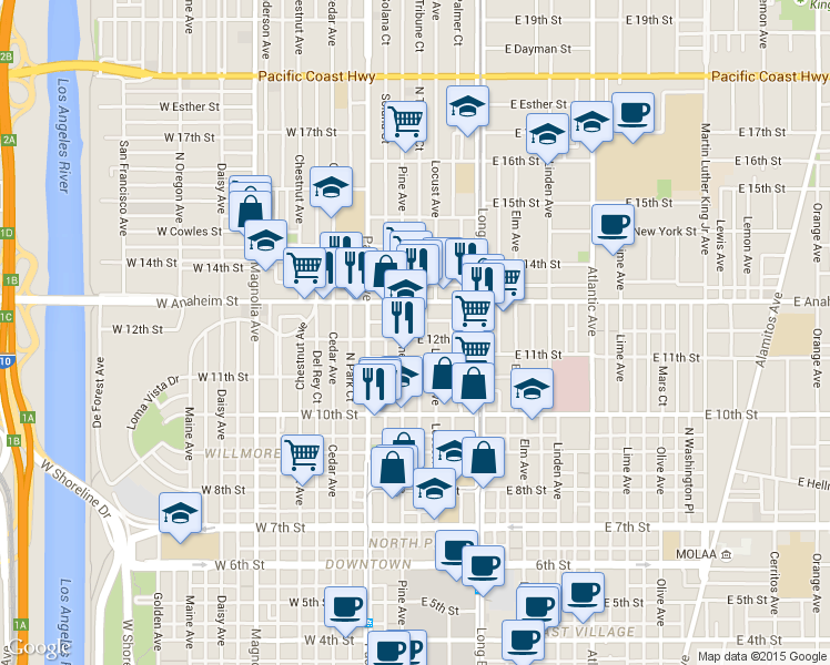 map of restaurants, bars, coffee shops, grocery stores, and more near 1205 Pine Avenue in Long Beach