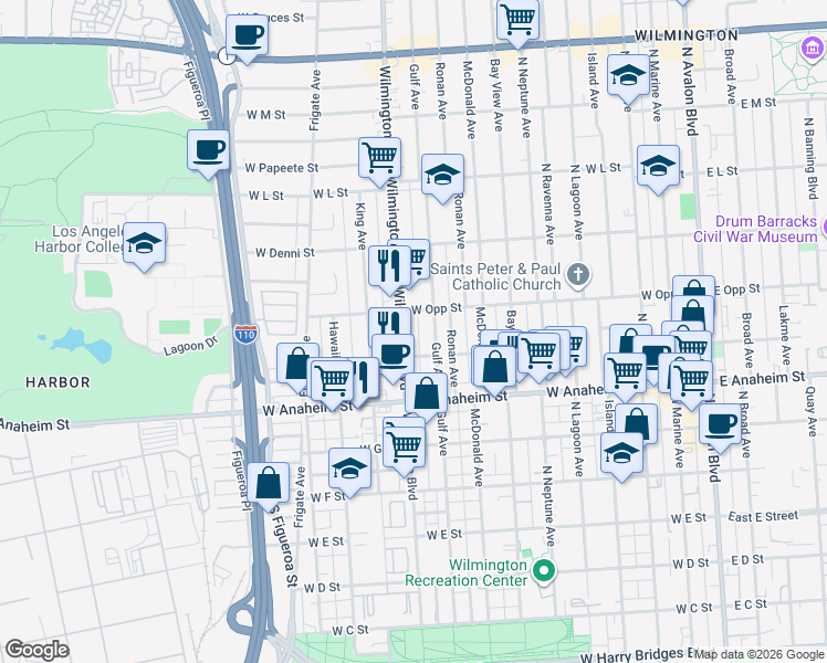 map of restaurants, bars, coffee shops, grocery stores, and more near 919 Gulf Avenue in Los Angeles