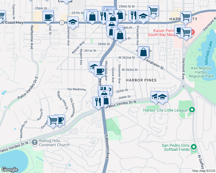 map of restaurants, bars, coffee shops, grocery stores, and more near 26421 Ozone Avenue in Los Angeles