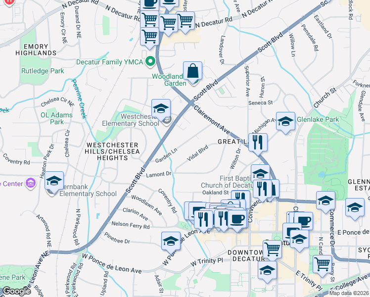 map of restaurants, bars, coffee shops, grocery stores, and more near 164 Garden Lane in Decatur