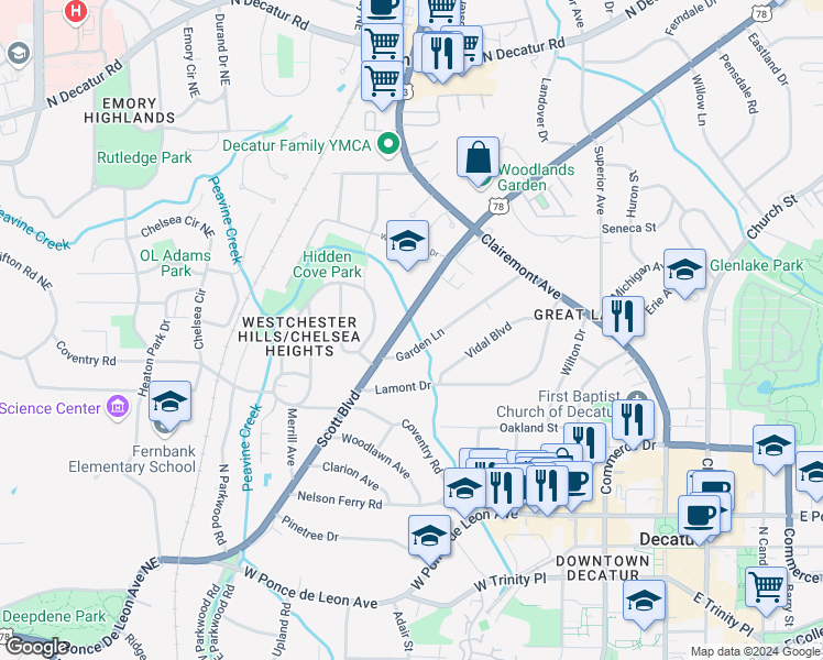 map of restaurants, bars, coffee shops, grocery stores, and more near 205 Garden Lane in Decatur