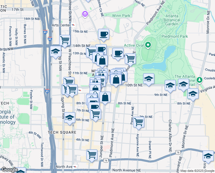map of restaurants, bars, coffee shops, grocery stores, and more near in Atlanta
