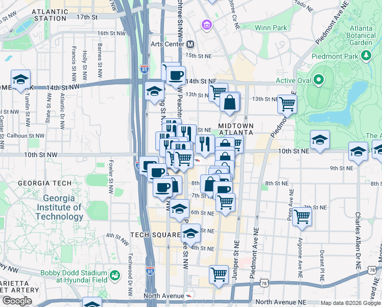 map of restaurants, bars, coffee shops, grocery stores, and more near 20 10th Street Northeast in Atlanta