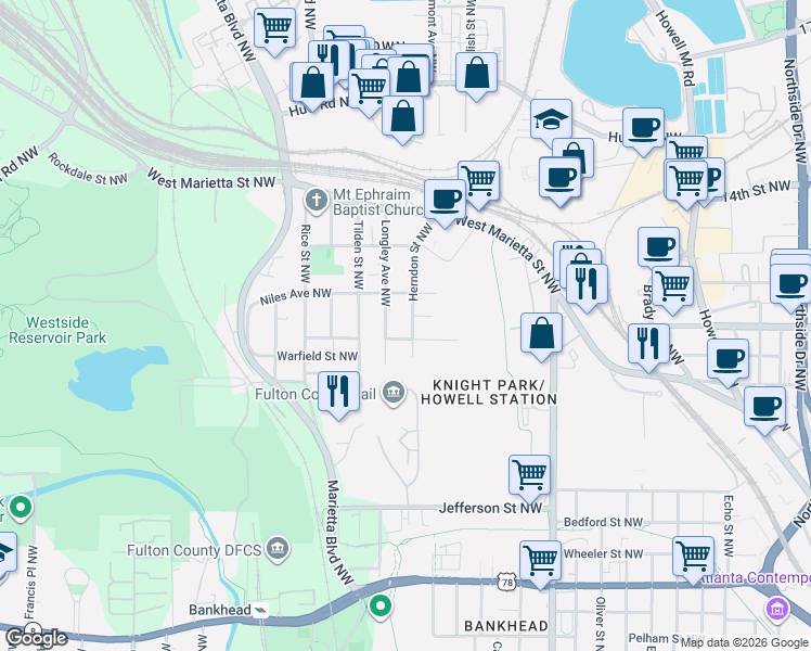 map of restaurants, bars, coffee shops, grocery stores, and more near 973 Herndon Street Northwest in Atlanta