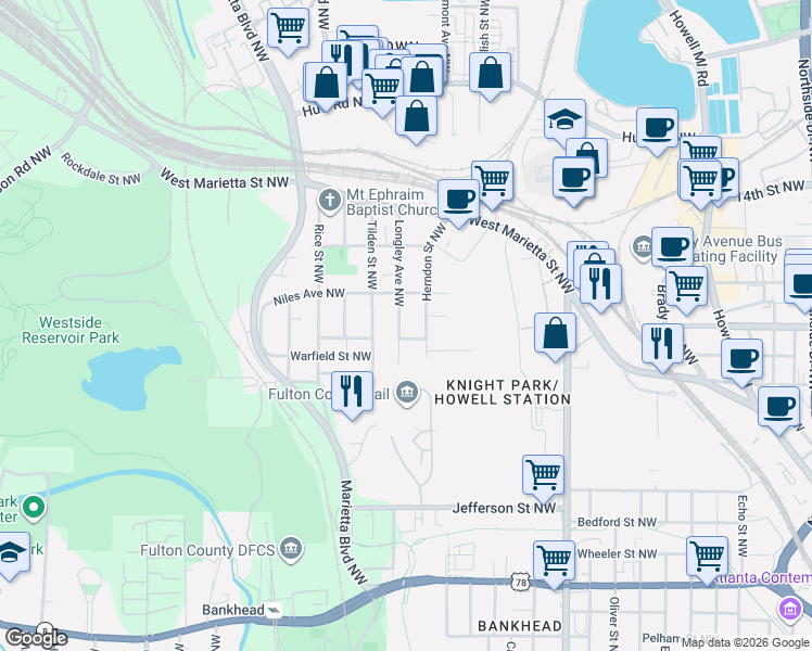 map of restaurants, bars, coffee shops, grocery stores, and more near 973 Herndon Street Northwest in Atlanta