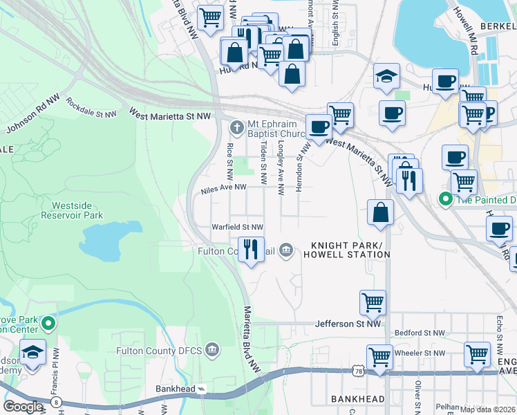 map of restaurants, bars, coffee shops, grocery stores, and more near 974 Tilden Street Northwest in Atlanta