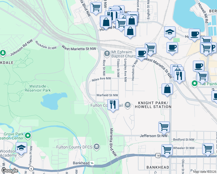 map of restaurants, bars, coffee shops, grocery stores, and more near 976 Carr Street Northwest in Atlanta