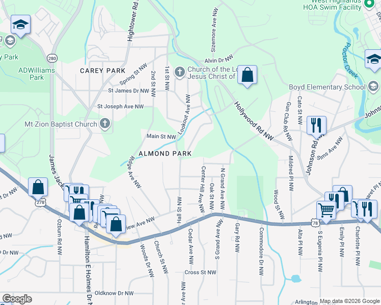 map of restaurants, bars, coffee shops, grocery stores, and more near 987 Ada Avenue Northwest in Atlanta