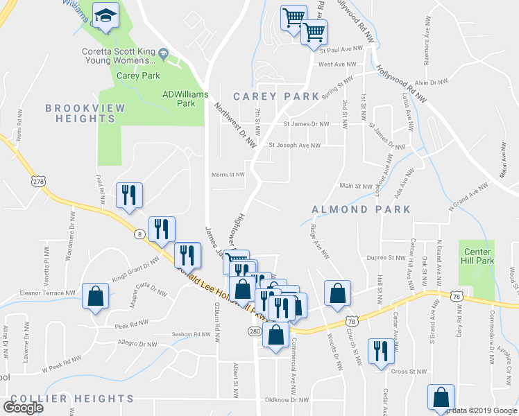 map of restaurants, bars, coffee shops, grocery stores, and more near 2598 Elliott Street Northwest in Atlanta
