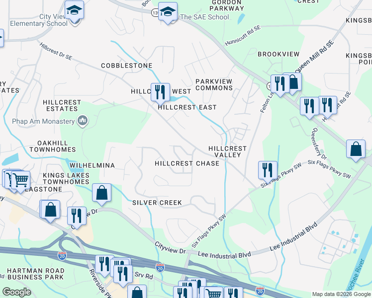 map of restaurants, bars, coffee shops, grocery stores, and more near 115 Hillcrest Chase Terrace in Austell