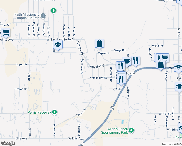 map of restaurants, bars, coffee shops, grocery stores, and more near 540 Iroquois Road in Perris