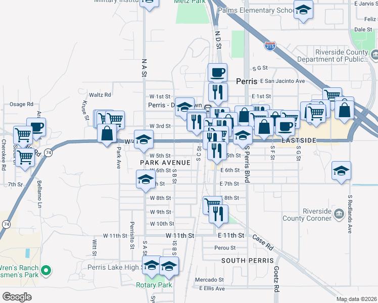 map of restaurants, bars, coffee shops, grocery stores, and more near 224 West 5th Street in Perris