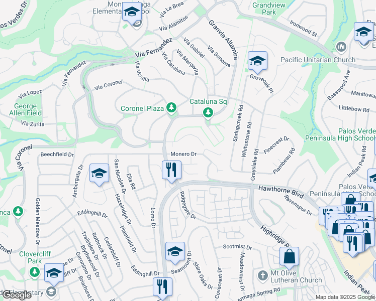 map of restaurants, bars, coffee shops, grocery stores, and more near 6305 Monero Drive in Rancho Palos Verdes