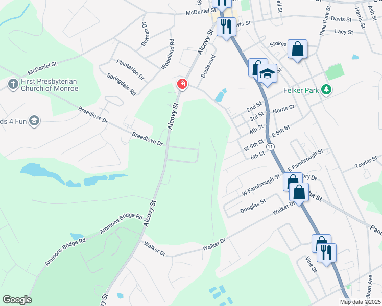 map of restaurants, bars, coffee shops, grocery stores, and more near 405 Shamrock Drive in Monroe