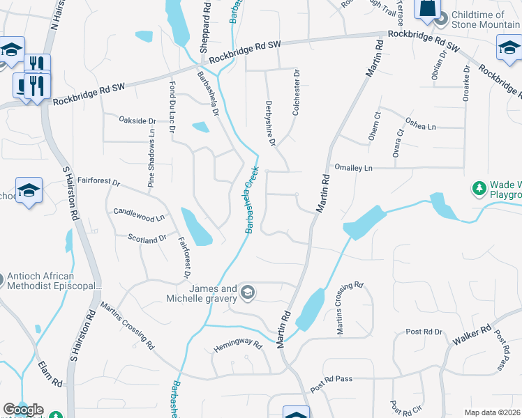 map of restaurants, bars, coffee shops, grocery stores, and more near 5023 North Woodbridge Trail in Stone Mountain