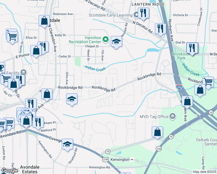 map of restaurants, bars, coffee shops, grocery stores, and more near 323 Cobblestone Trail in Avondale Estates