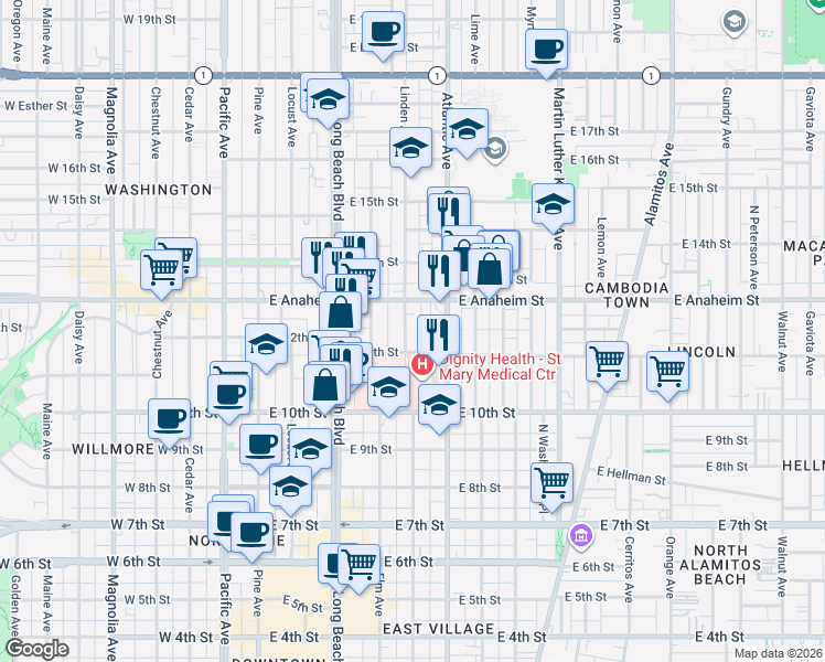 map of restaurants, bars, coffee shops, grocery stores, and more near 1124 Linden Avenue in Long Beach