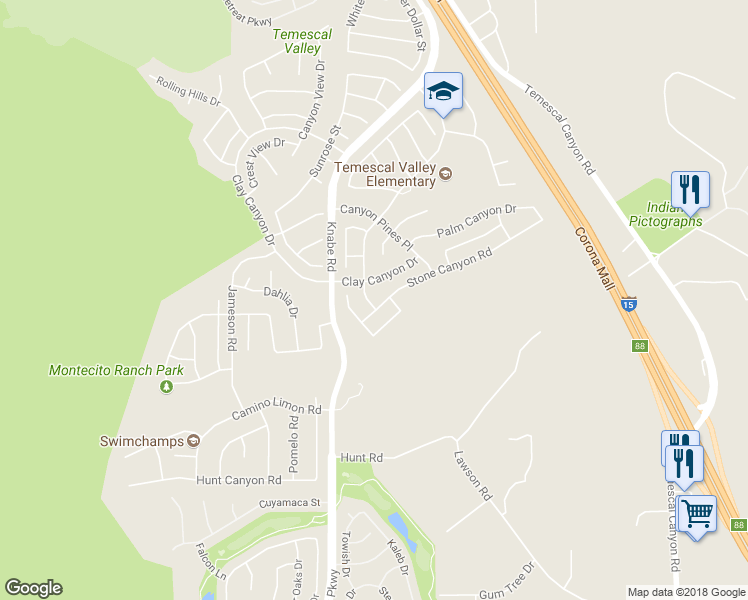 map of restaurants, bars, coffee shops, grocery stores, and more near 23300 Claystone Avenue in Corona