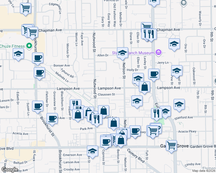 map of restaurants, bars, coffee shops, grocery stores, and more near 12472 McLeod Street in Garden Grove