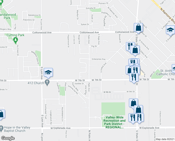 map of restaurants, bars, coffee shops, grocery stores, and more near 601 Cactus Street in San Jacinto