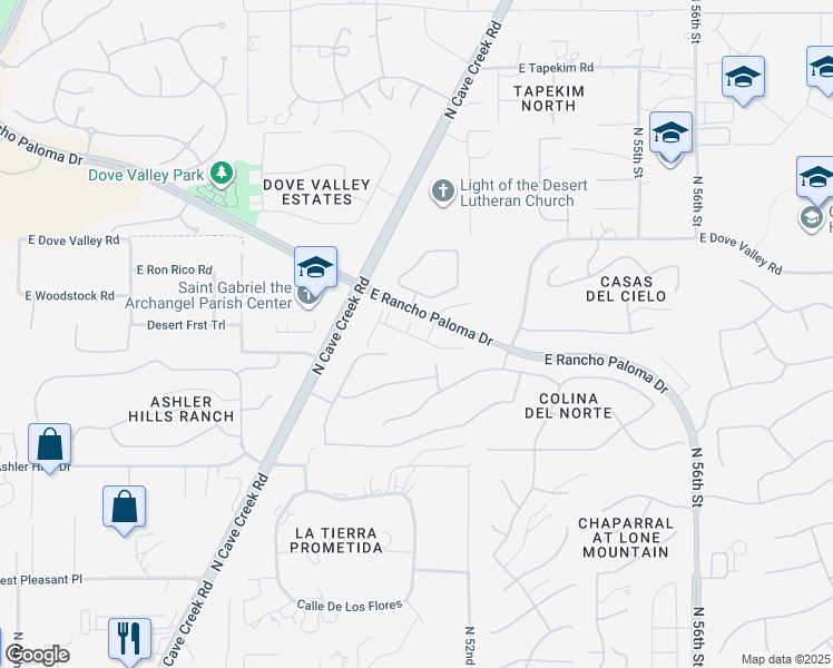 map of restaurants, bars, coffee shops, grocery stores, and more near 5129 East Desert Vista Trail in Cave Creek