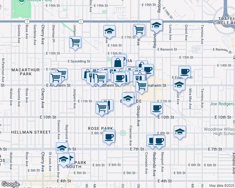 map of restaurants, bars, coffee shops, grocery stores, and more near 1140 Gladys Avenue in Long Beach