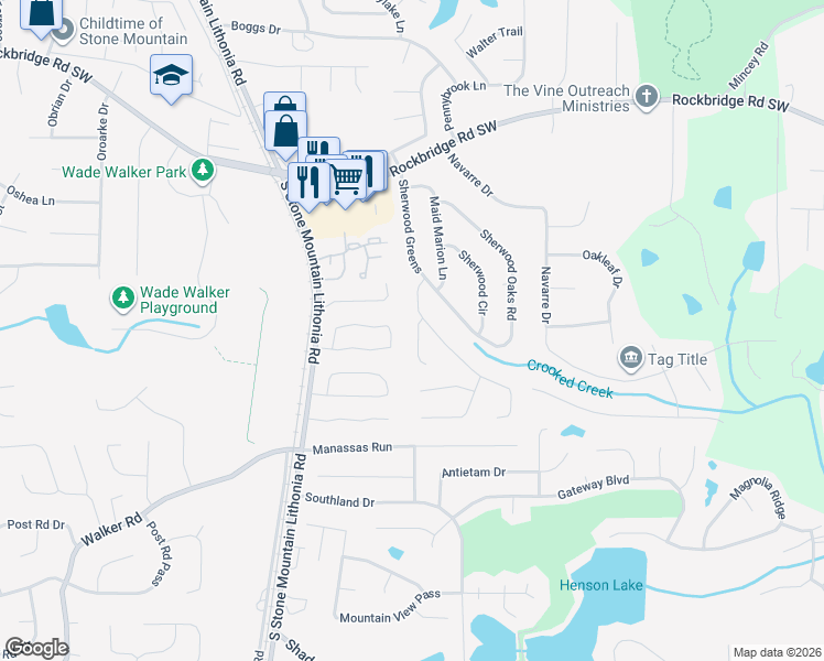 map of restaurants, bars, coffee shops, grocery stores, and more near 557 Old Friar Tuck Lane in Stone Mountain