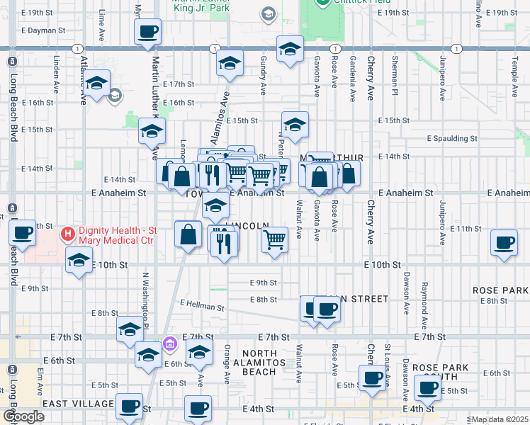 map of restaurants, bars, coffee shops, grocery stores, and more near 1137 Hoffman Avenue in Long Beach