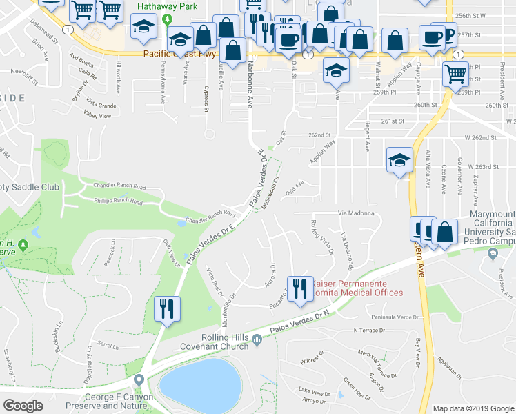 map of restaurants, bars, coffee shops, grocery stores, and more near 1 Bridlewood Circle in Palos Verdes Peninsula