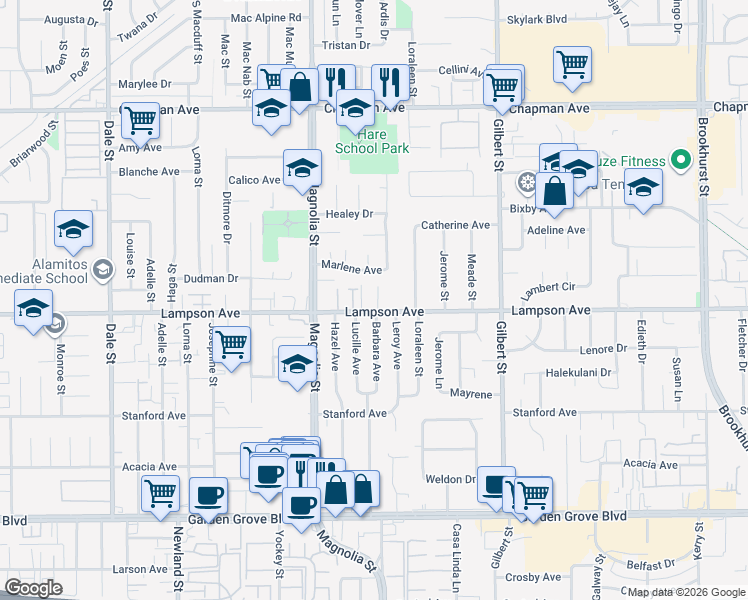 map of restaurants, bars, coffee shops, grocery stores, and more near 9081 Lampson Avenue in Garden Grove