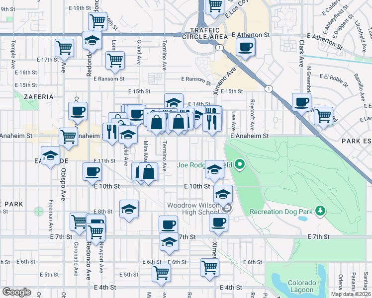 map of restaurants, bars, coffee shops, grocery stores, and more near 1142 Belmont Avenue in Long Beach