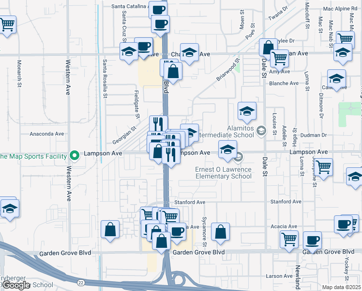 map of restaurants, bars, coffee shops, grocery stores, and more near 8067 Lampson Avenue in Garden Grove