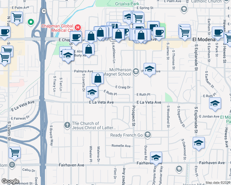 map of restaurants, bars, coffee shops, grocery stores, and more near 3105 East Ruth Place in Orange