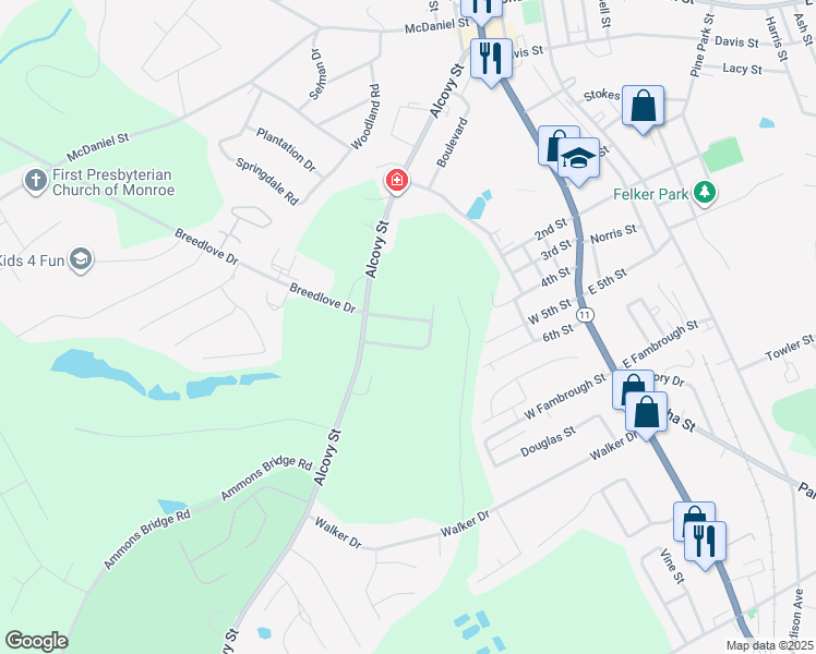 map of restaurants, bars, coffee shops, grocery stores, and more near 405 Shamrock Drive in Monroe