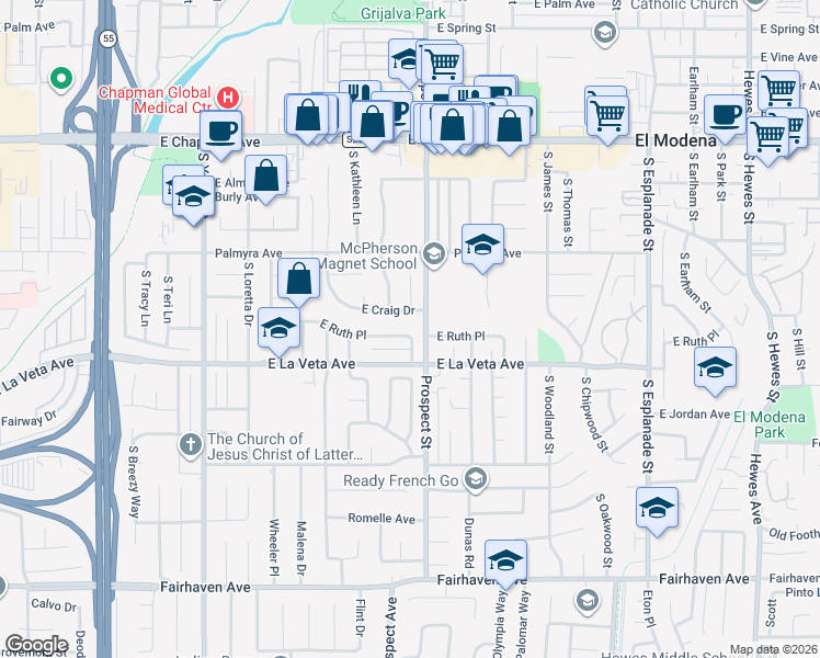 map of restaurants, bars, coffee shops, grocery stores, and more near 3215 East Ruth Place in Orange
