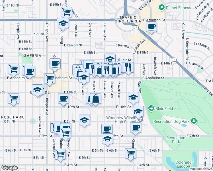 map of restaurants, bars, coffee shops, grocery stores, and more near 1148 Termino Avenue in Long Beach