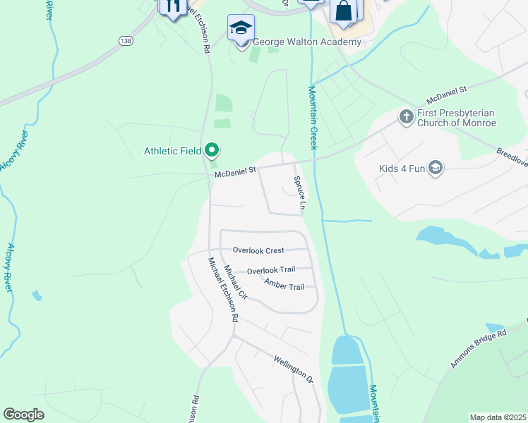 map of restaurants, bars, coffee shops, grocery stores, and more near 549 Spruce Lane in Monroe