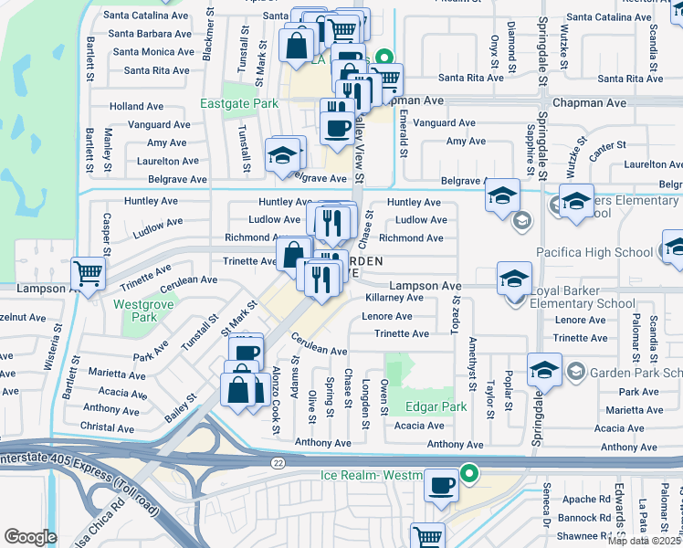 map of restaurants, bars, coffee shops, grocery stores, and more near 12452 Valley View Street in Garden Grove