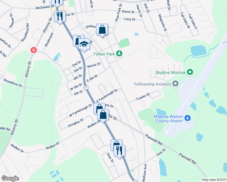map of restaurants, bars, coffee shops, grocery stores, and more near 137 East Fambrough Street in Monroe