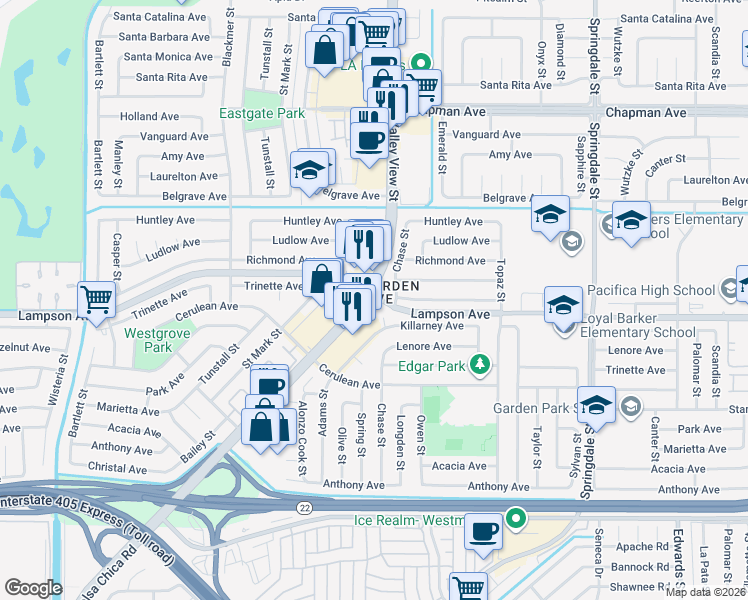 map of restaurants, bars, coffee shops, grocery stores, and more near 12452 Valley View Street in Garden Grove